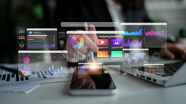 Colorful data dashboards with graphs, charts, and marketing metrics representing online campaign performance and business intelligence Parse - Powered by Adobe