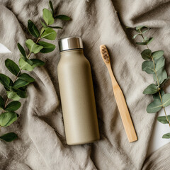 Eco friendly lifestyle with bamboo toothbrush and reusable bottle
