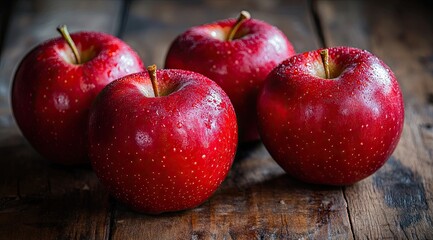Four red apples on wooden surface