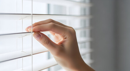 Subtle Observation: A Gentle Peek Through Window Blinds, A Glimpse Into the World Beyond, Privacy and Curiosity, Soft Light Filtering Through Slats, Serene Moment of Contemplation