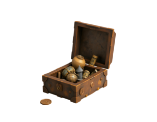 Wooden treasure chest filled with gold coins and potions isolated on transparent background