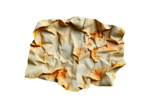 Crinkled fabric texture with warm tones isolated on transparent background