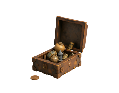 Wooden treasure chest filled with gold coins and potions isolated on transparent background - Powered by Adobe