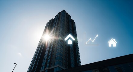 Modern high-rise building against a bright sky, symbolizing successful real estate investment and property market growth with digital financial indicators