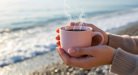 Beachside Bliss A Cup of Warmth by the Sea Serene Morning Coffee Break with Ocean Views Hands Holding Hot Beverage Peaceful Coastline Relaxation and Comfort in Nature's Embrace