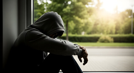 Silhouetted Figure by the Window: Exploring Themes of Isolation and Loneliness in Modern Society, Capturing Depression's Impact on Mental Health and Wellbeing