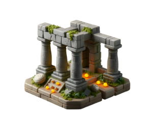 Ancient stone ruins with glowing orbs isolated on transparent background