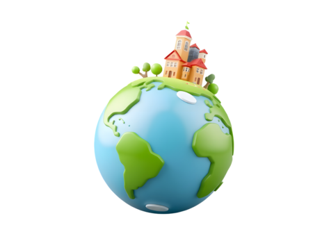 Cartoon earth with a castle and trees isolated on transparent background