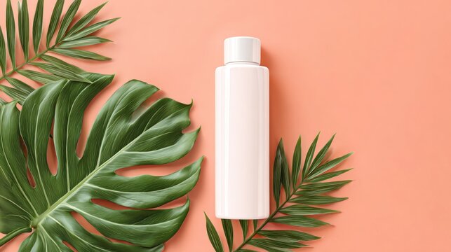 Cosmetic product bottle mockup with tropical leaves on coral background