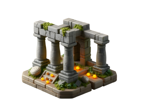 Ancient stone ruins with glowing orbs isolated on transparent background
