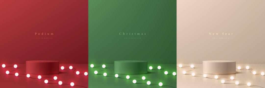 Set of 3D Christmas round podium background in red, cream and green color with neon ball lighting. Mockup stands product display. Mery Christmas and new year minimal scene. Abstract composition design