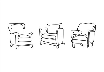 Continuous Line Drawing of Modern Armchairs Set. Line Art. line icon-continuous line drawing. Editable stroke. 