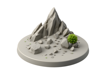 Miniature rocky mountain landscape with a small green bush isolated on transparent background