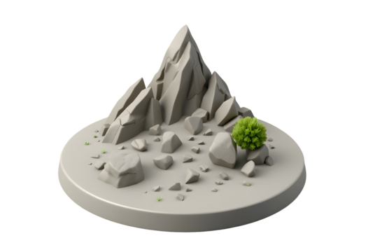 Miniature rocky mountain landscape with a small green bush isolated on transparent background
