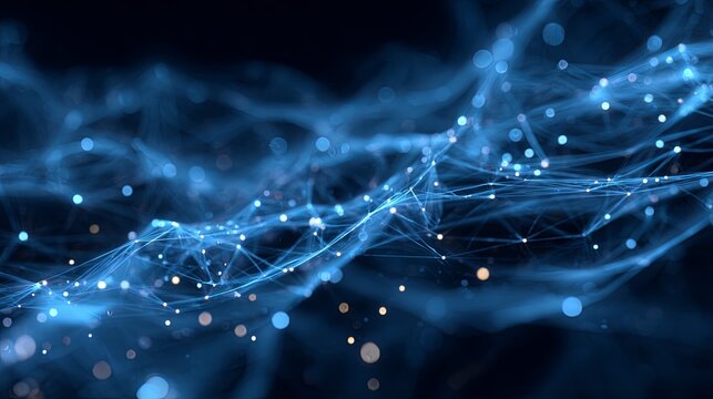 Glowing blue abstract network structure pulses with luminous data points against a dark background
