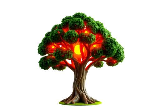 Illuminated fantasy tree with glowing core isolated on transparent background