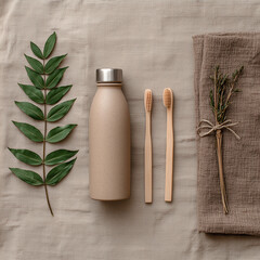 Eco friendly lifestyle with bamboo toothbrush and reusable bottle
