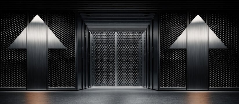 Modern metallic interior, arrows pointing up, dark aesthetic, hallway, gridded panels