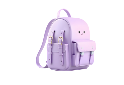 Cute purple backpack with a smiling face isolated on transparent background