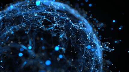 Illuminated digital mesh structure swirls around a central sphere against a dark background