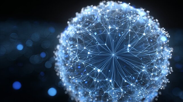 Luminous digital sphere constructed from interconnected glowing nodes floats against a dark background