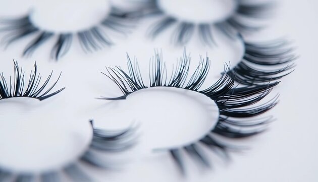 Close-up of several artificial eyelashes on white background, mink lashes, black lashes