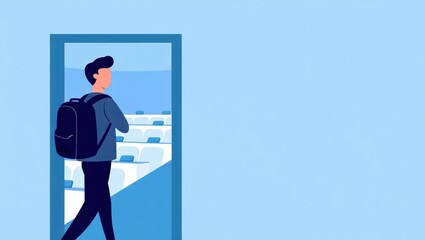 Fototapeta premium Young man walking through a door into a modern classroom setting