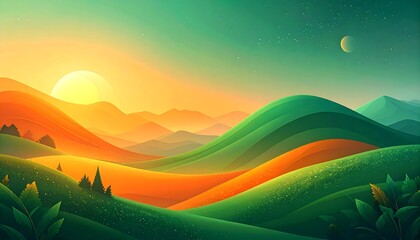 Obraz premium Colorful stylized landscape of rolling hills bathed in warm sunlight, with a moon in the sky