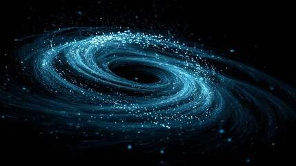 Glowing cyan spiral structure radiates luminous particles against a deep black background