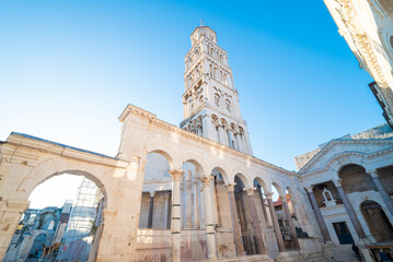 Split, Croatia, Palace of Diocletian in the old town, old ruins with a bell tower in the center