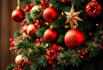 Fototapeta premium Elegant red and gold Christmas tree ornaments, garland, and star, traditional, festival