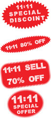 11.11 Sale Red Labels Set – Special Discount, Offer, and Price Tag Badges for Mega Shopping Event Promotion