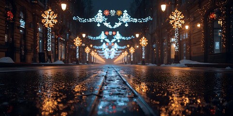 Rainy street with glowing Christmas lights and festive snowflakes