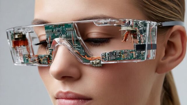 Innovation in Sight: A portrait showcases a woman elegantly sporting a pair of futuristic glasses, revealing a captivating blend of technology and human form.