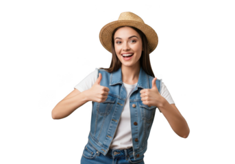 Woman in denim vest and straw hat giving thumbs up isolated on transparent background