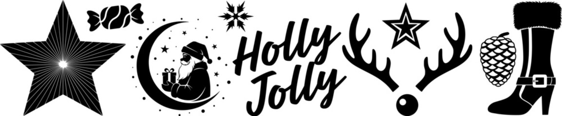 Obraz premium Holly jolly festive christmas elements collection with stars ornament candy cane and stocking for cheerful holiday celebration design 