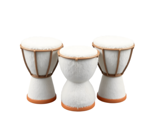 Three small white djembe drums isolated on transparent background
