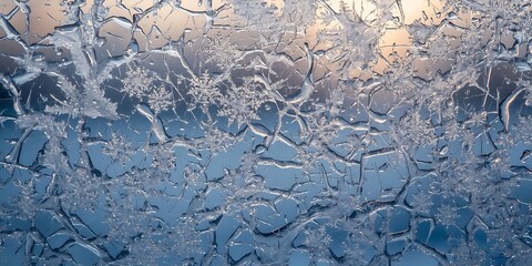 Cracked ice crystals with snowflake patterns in cold winter light
