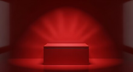 Obraz premium Empty red pedestal illuminated by a spotlight in a dark room