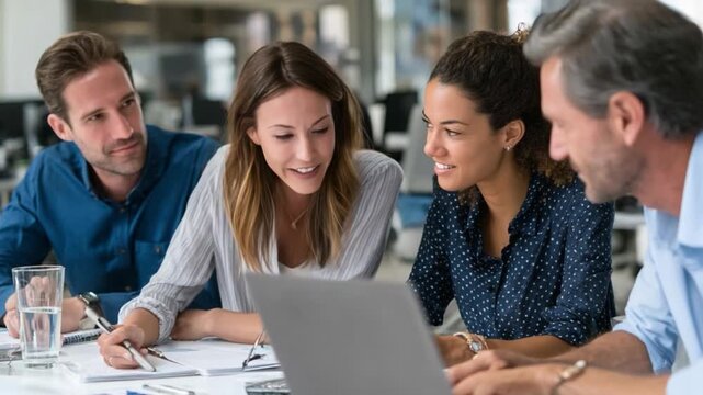 Brainstorming in the boardroom: Focused colleagues huddle around a table, pens poised as they discuss concepts and strategies for their upcoming venture.