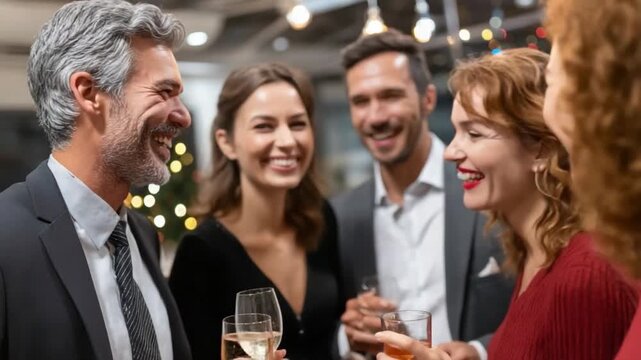 Networking Soiree: Capturing the essence of a sophisticated social gathering, individuals are seen engaged in animated conversations, laughing with genuine delight.