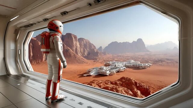 A Martian Explorer's Vista: An astronaut gazes upon the vast, rugged terrain of Mars through a spacecraft window, the red landscape a testament to the allure of space exploration. 
