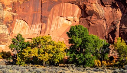 Colorful trees and rock formations under an archway, rich autumn and desert landscape