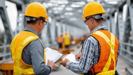 Construction Crew's Collaborative Review: Two engineers in protective gear review a blueprint on a bridge under construction, symbolizing teamwork and meticulous planning