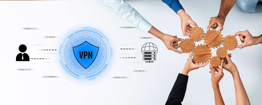 Hands join together to symbolize teamwork in achieving digital security. Features VPN shield and icons for internet protection, highlighting data privacy importance. Trope