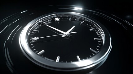 Detailed close up perspective of a modern analog timepiece rotating in darkness