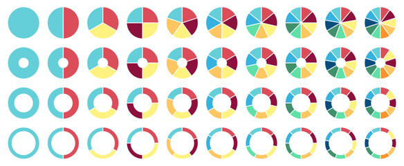 Circle pie chart icons set in different style and color. Process cycle. Pie charts diagrams. 1, 2, 3, 4, 5, 6 ,7, 8, 9, 10 sections or steps. Vector illustration on white background.