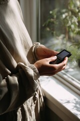 Casual morning with a vintage flip phone by the window,National Energy Conservation