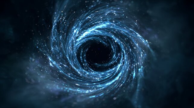 Glowing blue stellar energy spirals into a dark central void in deep space