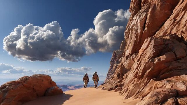 Desert Trek: Amidst the vast expanse of a sun-drenched desert, two figures embark on a solitary journey, their forms dwarfed by towering rock formations and the boundless sky above.
